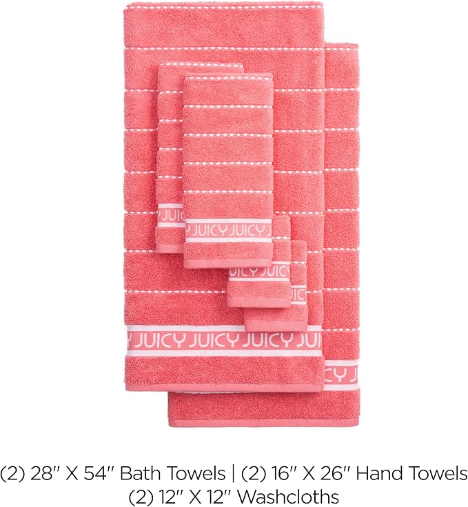 Juicy Couture Luxurious Plush Stripe 6-Piece Set - Pink Coral 100% Cotton Bath Towel Set - Soft and Stylish for Ultimate Comfort and Elegance