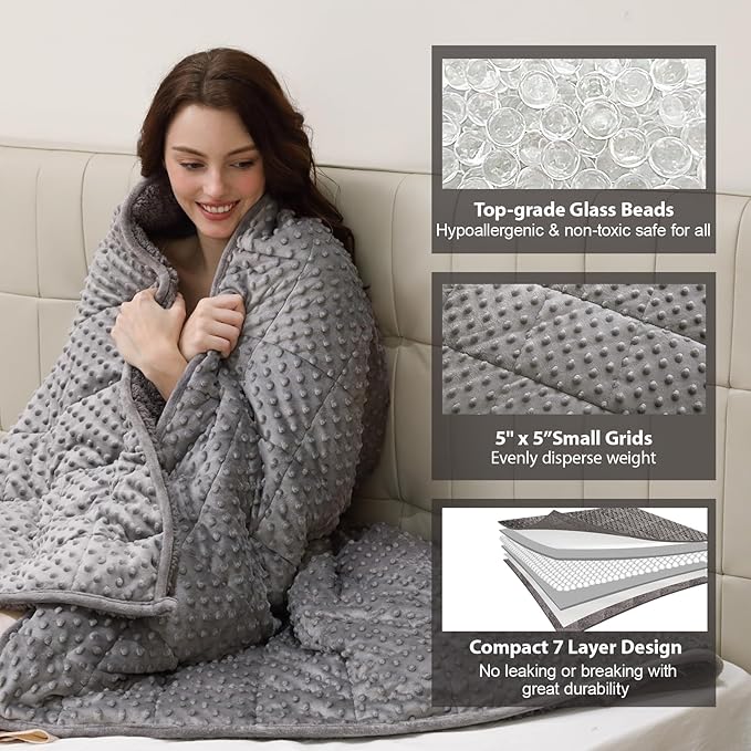 Minky Dot Weighted Blanket for Adults Queen Size 12 lbs, Warm Sherpa Snuggle Heavy Blanket for Autumn Winter with Glass Beads, Great for Stress Relief and Sleep Promotion, Grey 60 x 80 inches