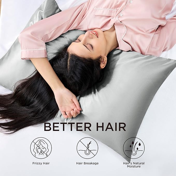 Bedsure Satin Pillowcase with Zipper, Similar to Silk Pillow Cases 2 Pack, Satin King Size Pillow Cases Set of 2, Silky & Soft Pillow Cover for Hair and Skin, Gifts for Women Men, Grey, 20x36 Inches