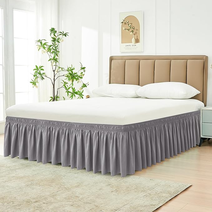 Biscaynebay Wrap Around Bed Skirts for Twin & Twin XL Beds 22" Long Drop, Silver Grey Adjustable Elastic Dust Ruffles Easy Fit Wrinkle Resistant Silky Luxurious Fabric Machine Washable