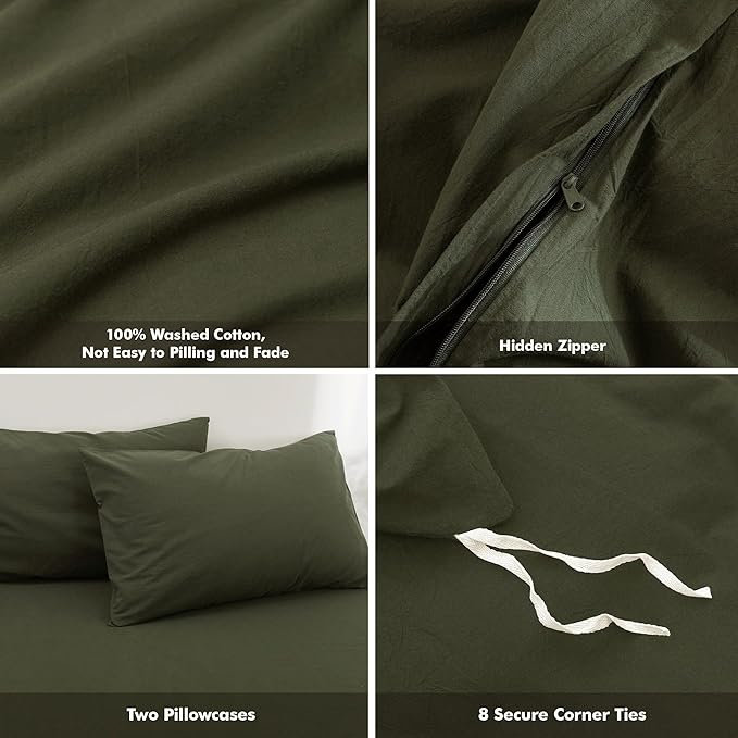 FOSSA Duvet Cover Set 100% Washed Cotton Linen Feel Super Soft Breathable Cozy Simple Style 3 Pieces Bedding Sets Solid Olive Green Oversized King Plus