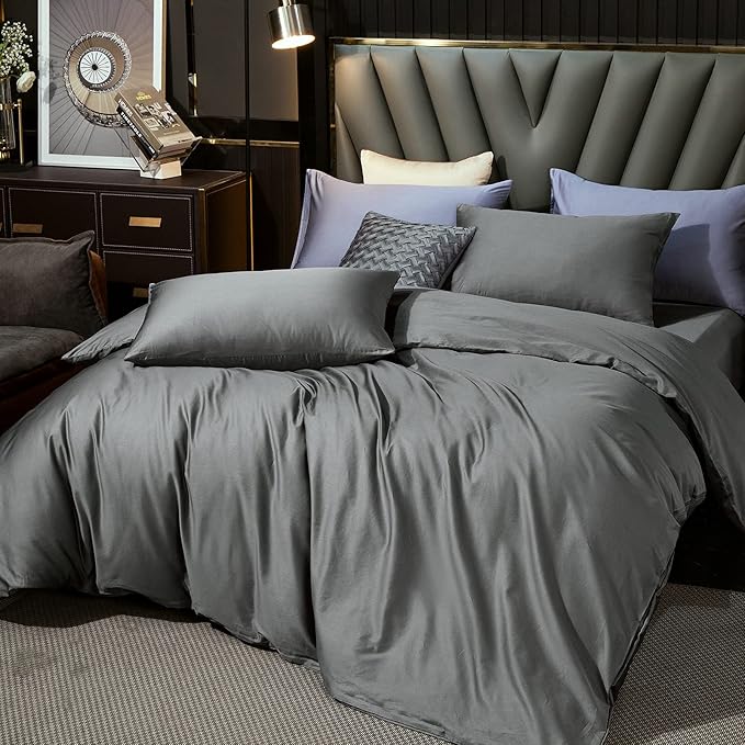 MooMee Duvet Cover Set 100% Extra Long Staple Cotton 600 Thread Count Silky Sateen Smooth Luxury Soft Breathable Durable Hotel Quality Bedding, 3 Pieces (Dark Gray, Oversized Queen 98"x98")