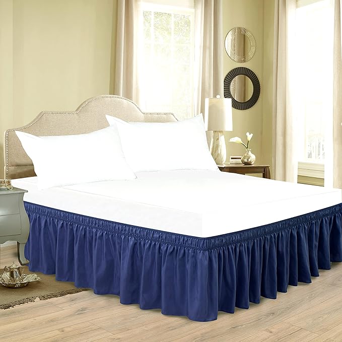 Biscaynebay Wrap Around Bed Skirts for Queen Beds 19" Long Drop, Navy Adjustable Elastic Dust Ruffles Easy Fit Wrinkle & Fade Resistant Silky Luxurious Fabric Solid Machine Washable