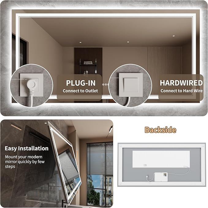 Bathroom Mirror with Lights 36"X72" with Front Light and Backlit, Tempered Glass, Wall Mount Horizontal/Vertical, Stepless Dimmable, 3 Colors, Anti Fog, Bathroom Memory LED Mirror