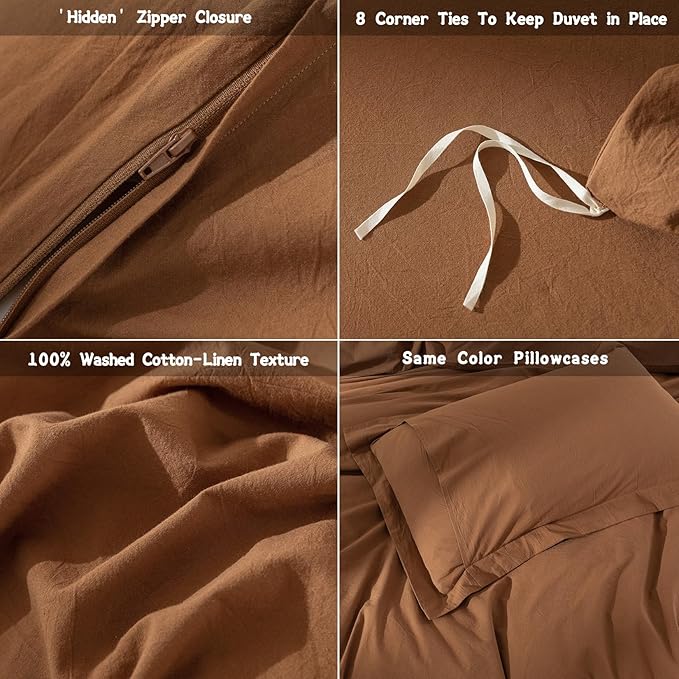 100% Washed Cotton Dark Orange Duvet Cover King Size Bedding Set Cover 1 Duvet Cover with Zipper Closure Plus 2 Pillowcases, 104inch x 90inch