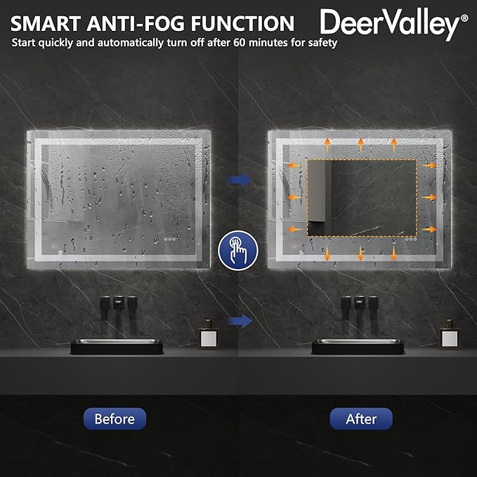 DeerValley LED Bathroom Mirror, 40" x 32" Front and Backlit Wall Mounted Bathroom Vanity Mirror, Anti-Fog, 3 Colors Dimmable, Shatterproof, Tempered Glass, Memory Function (Horizontal/Vertical)