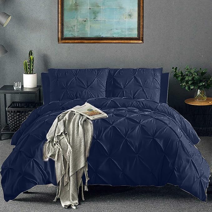 Pinch Pleated Duvet Cover Set 100% Brushed Microfiber 3PC Alaska King Size 120x132 Duvet Cover Set, Decorative Pinch Design Navy Blue Duvet Cover with Matching Pillow Case