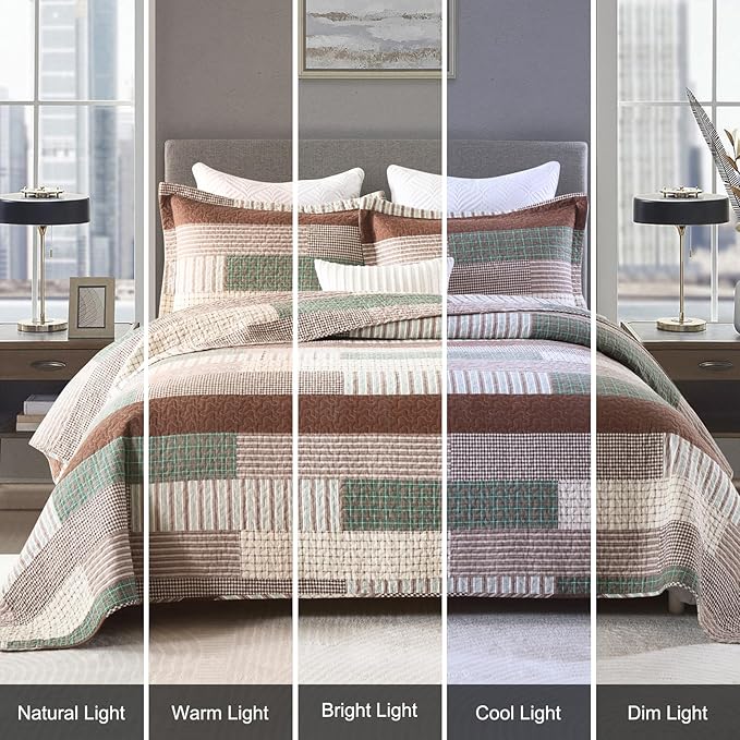 Uniclinens Plaid Quilt King Size, 100% Cotton Patchwork Quilt Bedding Set, Brown Lightweight Farmhouse Bedspread/Coverlet/Comforter Set, 3 Pieces Set with 2 Pillowshams, Brown/Green/Cream