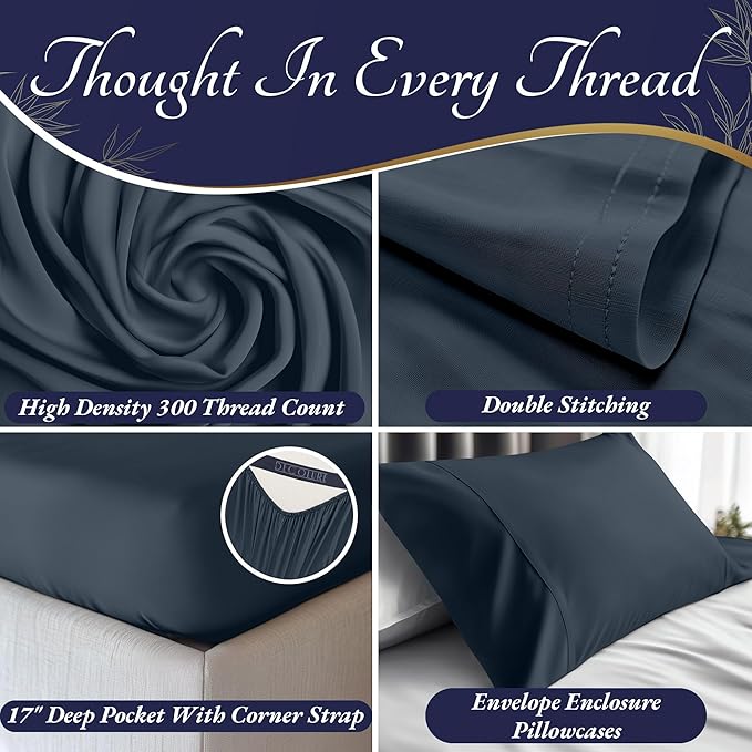 DECOLURE 100% Viscose Derived from Bamboo Sheets Full Size 4pcs - Ultra Soft & Luxuriously Cooling, 17" Deep Pocket, Double Stitching, Perfect for Hot Sleepers - Full Bed Sheets (Navy Blue)