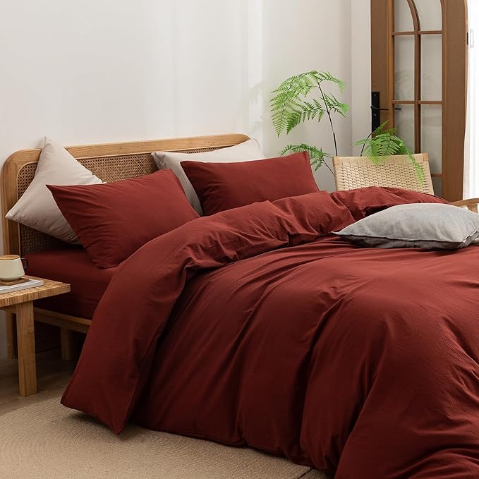 BESTOUCH Duvet Cover Set 100% Washed Cotton Linen Feel Super Soft Comfortable Chic Lightweight 3 PCs Home Bedding Set Solid Fired Brick Red Super Queen