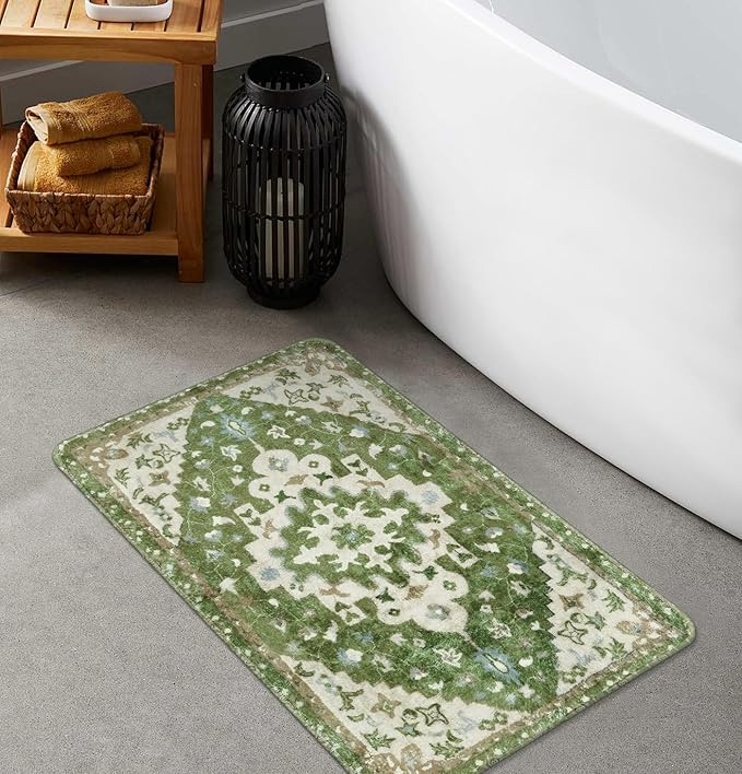 Uphome Vintage Tribal Bath Mat Sage Green Boho Non-Slip Bathroom Rug Oriental Soft Machine Washable Bathroom Mat Cute Aesthetic Floral Bath Mats for Bathroom Decor for Sink Tub Door Mat, 18x25 inch