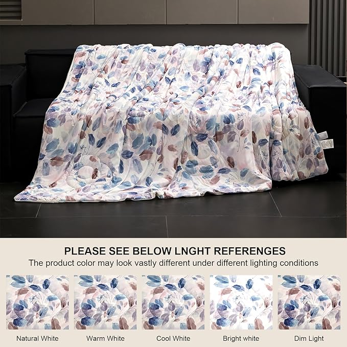 Cyusri Print Cooling Comforter Set 3Pcs Breathable Cool Queen Size Bedding Set with 2 Pillowcases Leaf Pattern Silky Cold Quilt, Blue 90"x90"