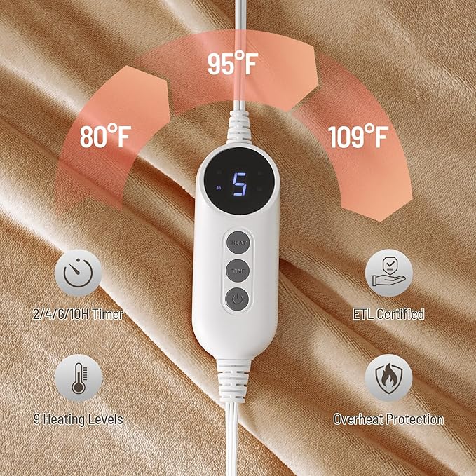 Electric Heated Blanket Twin 62"x84" - Soft Silky Flannel & Fluffy Sherpa Blanket with 9 Heat Levels & 2-10 Timer, ETL Certified & Overheat Protection, Gift for Grandma Grandpa, Brown