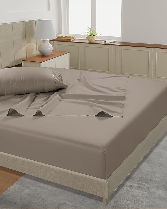 Lane Linen 100% Cotton Bed Sheets – 450 Thread Count Cooling Sheets Queen, Durable Daily Use Bedding, Value Comfort for Nightly Rest, Hotel Sateen Finish, Snug Fit 15" Deep Pocket Fitted Sheet – Taupe