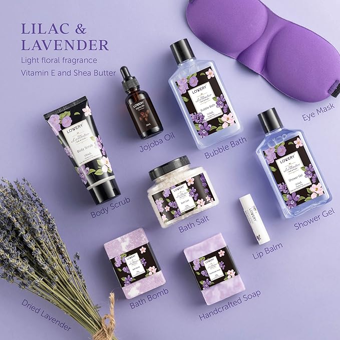Womens Christmas Gifts – Holiday Gift Baskets for Women, Spa Gifts for Women Who Have Everything – Bath and Body Gifts for Mom, Her Lavender & Lilac Bath Set Soap, Bath Bomb, Jojoba Oil, Lip Balm