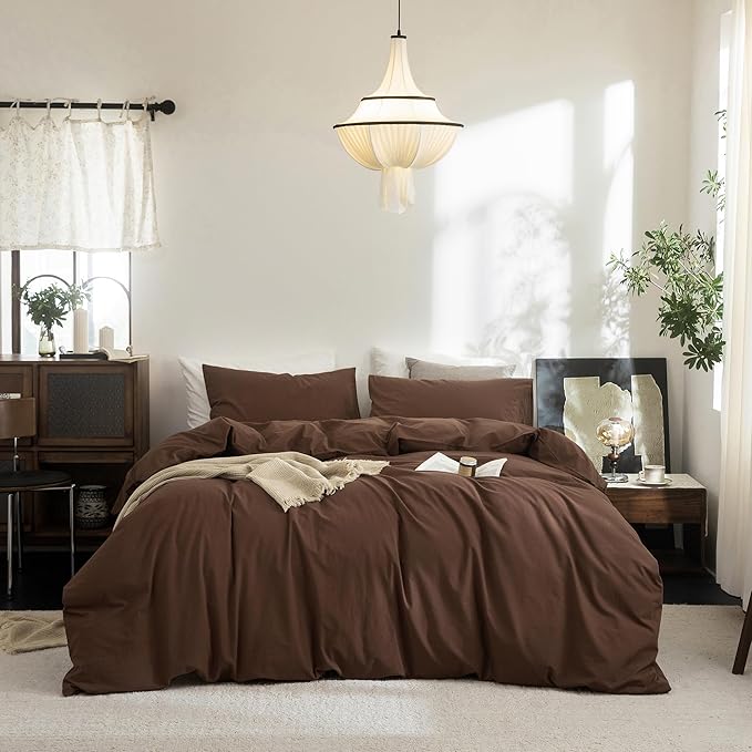 FOSSA Duvet Cover Set 100% Washed Cotton Linen Feel Super Soft Breathable Cozy Simple Style 3 Pieces Bedding Sets Solid Cocoa Brown Twin