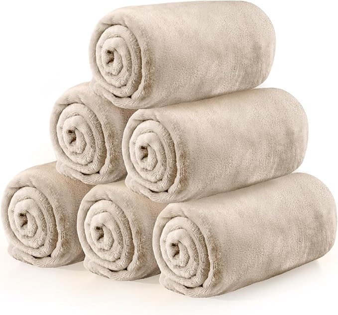 Tinideya 6 Pcs Flannel Fleece Throw Blanket Bulk 50 x 60 Inch Soft Fleece Blanket Warm Throw Blanket Coral Blankets for Couch Sofa Home Wedding Gifts Season (Khaki)