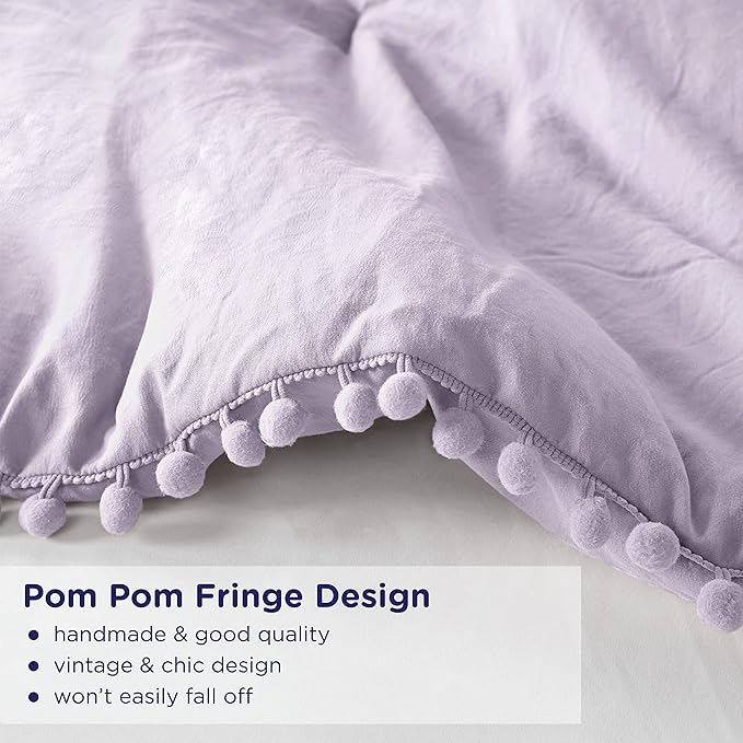 Codi Lavender Purple Boho Twin Comforter Set for Girls, Aesthetic Pom Fringe Design Cute Bedding, Soft Washed Microfiber Bed Sets, Lightweight Chic,1 Comforter & 1 Pillowcase