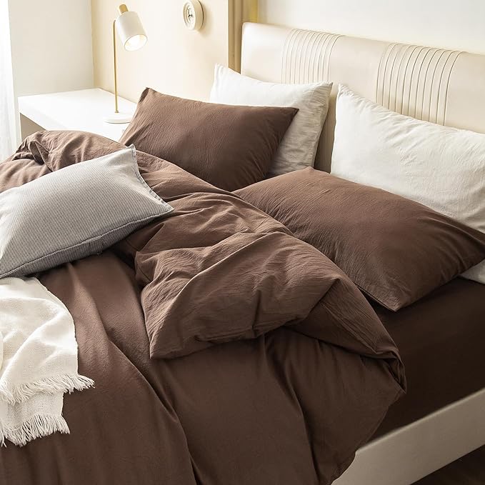JIYUAN 100% Washed Cotton Duvet Cover Set 2 Pieces Twin, 1 Duvet Cover 68x90 Inches(Comforter Not Included) and 1 Pillowcases,Linen Feel Bedding Set Comfy and Breathable,Chocolate Brown