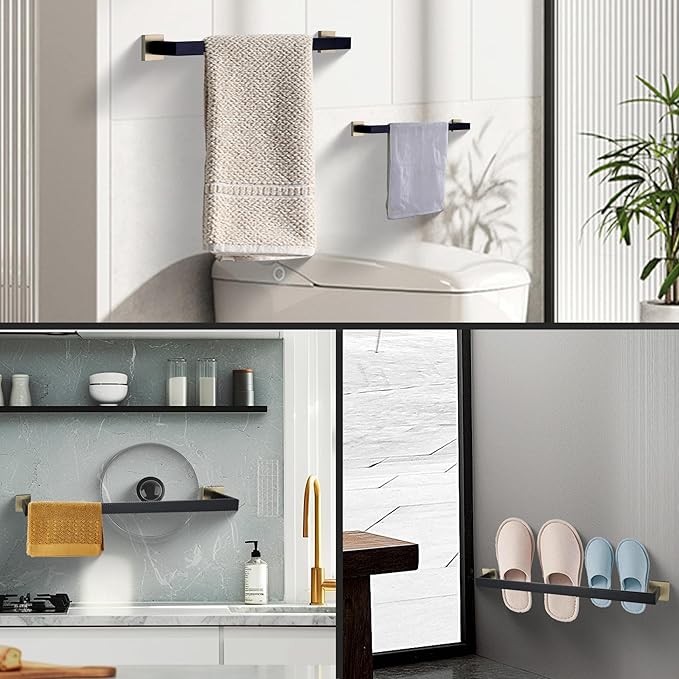 LANC Bath Towel Rack, Matte Black and Gold Towel Rail Bathroom Towel Bar Towel Hanger Square Towel Rod Towel Rail 24-Inche Kitchen Towel Holder Wall Mounted SUS304 Stainless Steel,A8804GK-6P1