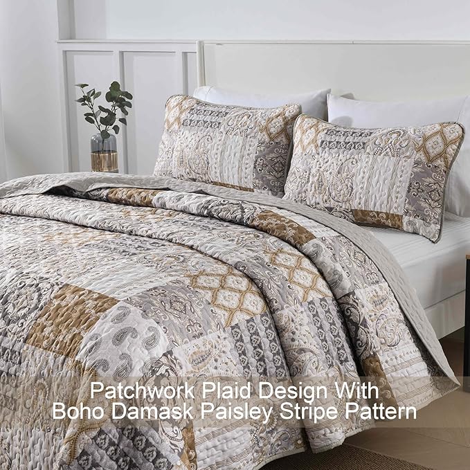 WONGS BEDDING Brown Quilt Set King Size, Patchwork Plaid Bedspread Bedding Sets Paisley Soft Microfiber Quilts for King Bed 3 Pieces Coverlet Set for All Season (104"x90")