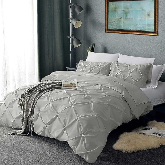 Pinch Pleated Duvet Cover Set 100% Brushed Microfiber 3PC Oversize Plus Size 128x120 Duvet Cover Set, Decorative Pinch Design Silver Grey Duvet Cover with Matching Pillow Case