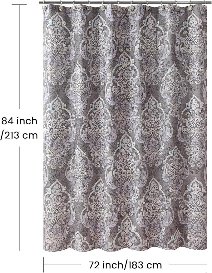 Extra Long Shower Curtain 84 Inch, Gray Bath Curtain with Purple Baroque Medallions, Waterproof Hotel Quality Fabric, 72" W x 84" H