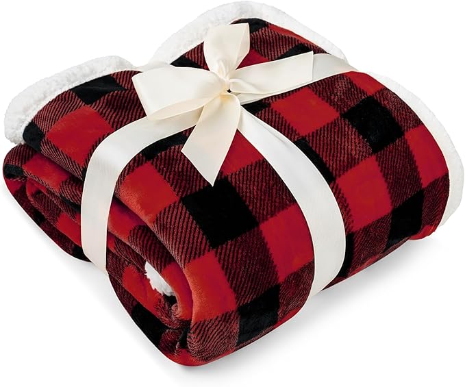 PAVILIA Buffalo Check Sherpa Blanket Throw King,Red Black Checkered Flannel Fleece Blanket,Christmas Plaid Warm Plush Microfiber Blanket for Couch Sofa,90x108 Inches