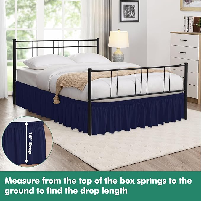 Biscaynebay Wrap Around Bed Skirts with Split Corners for King Beds 15" Drop, Navy Adjustable Elastic Dust Ruffles Easy Fit Wrinkle Resistant Silky Luxurious Fabric Machine Washable