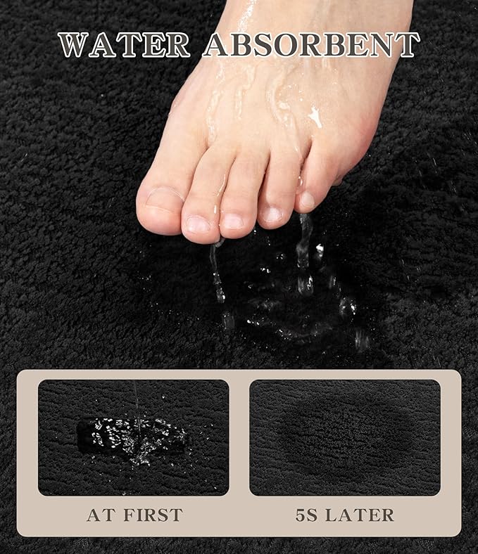 Chakme Bathroom Rug Sets 3 Piece, Ultra Thin Bath Mat Quick Dry, Absorbent, Non Slip, Machine Washable, Black