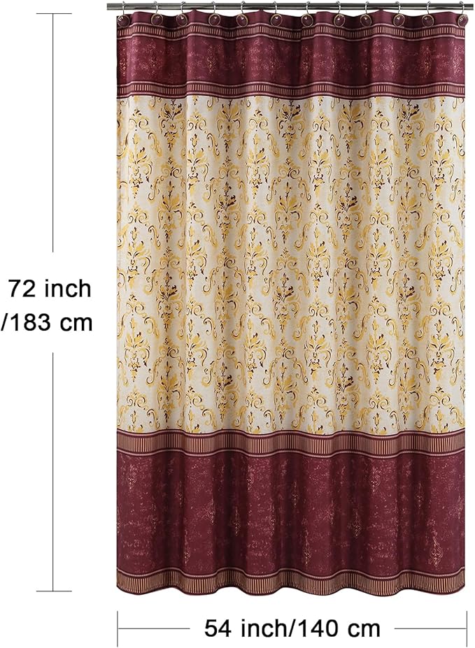 Stall Fabric Shower Curtain, Burgundy and Gold Damask Print Narrow Cloth Shower Curtains for Bathroom, Classic Baroque Bathroom Small Curtains, 54" W x 72" H