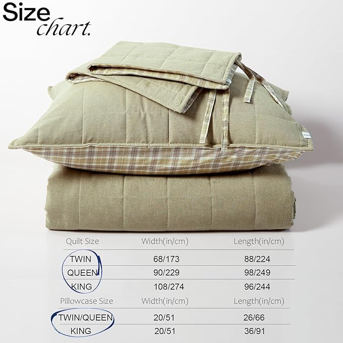 Moss Green Bedspreads Queen Size， Cotton Quilt 3-Pieces Bed Set Queen Size with Green Checked Stone Washed Bedding Coverlet with 2 Pillow Shams