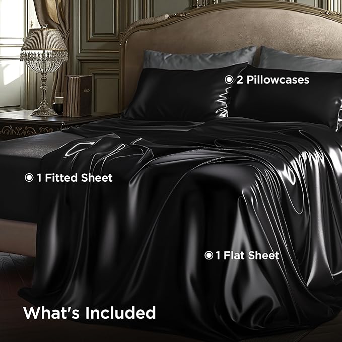Bedsure Black Satin Sheets Full Size - 4 Piece Silky Bedsheets with 15 Inches Deep Pocket Fitted Bedsheet,1 Flat Sheet, 2 Satin Pillowcases, Good for Hair & Skin (Full, Black)