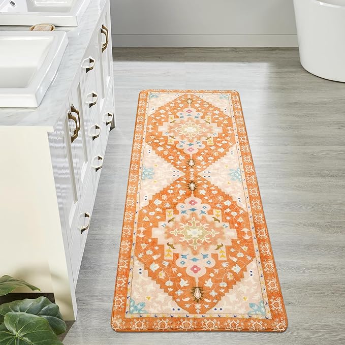 Uphome Boho Bathroom Runner Rug Orange Non-Slip Soft Bedroom Rug Machine Washable Oriental Hallway Rug Tribal Aesthetic Floral Home Decor Floor Mats for Kitchen Kids Room Entryway, 24x59 inch