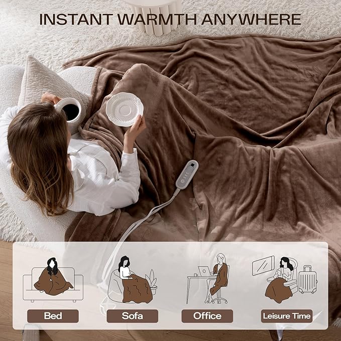 Heated Blanket Electric Throw 72" x 84" Full Size with 8 Heating Levels 10 Hours Time Setings and Auto-Shut Off, Flannel Fast-Heating Electric Blanket, Machine Washable ETL Certified, Brown