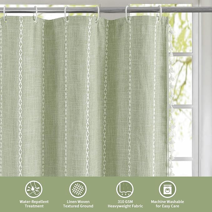 MitoVilla Sage Green Boho Extra Long Shower Curtain 72 x 84, Modern Farmhouse 84 inch XL Rustic Polyester Linen Tassel Heavy Duty Shower Curtain Set with Hooks for Cottagecore Country Bathroom Decor