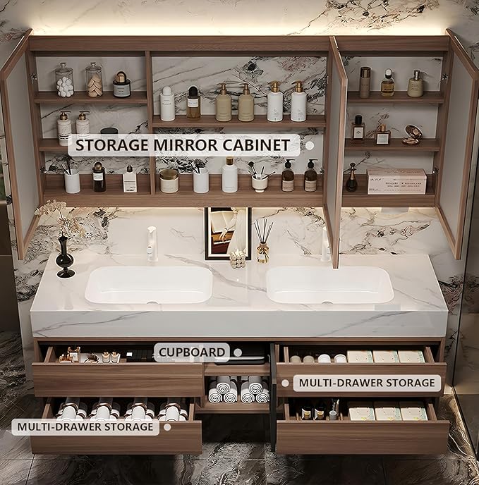 92IN Bathroom Vanity with Double Sink, Modern Bathroom Vanity with LED Smart Defog Mirror Cabinet & Integrated Ceramic Sink, Floating Vanities with Drawers and Glass Cabinet Door (Grey Wood)