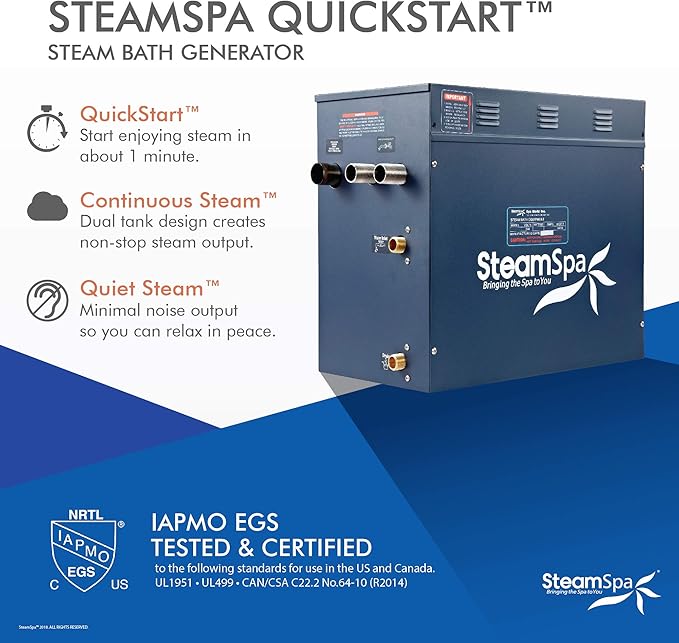 STEAMSPA 10.5kW Steam Sauna Generator Sentry Series 240V Steam Generator with Touch Screen, Steamhead, Built-in Steam Shower Auto Drain, ACU Quickstart Steam Bath Generator (Brushed Nickel)