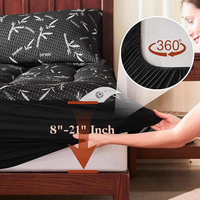 100% Waterproof Queen Size Mattress Topper, Thick Pillow Top Mattress Pad，Up to 24 Inch Deep Pocket,Soft Breathable Mattress Pad for Back Pain, Protector Cover(Black)
