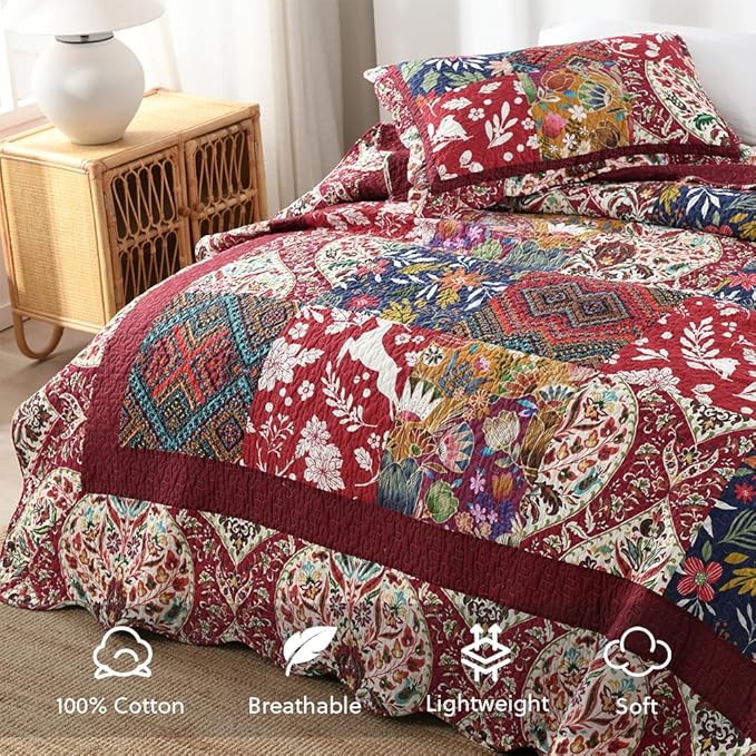 Cotton Bedspread Quilt Bedding Sets 3 Pieces Reversible Coverlet Sets Comforters Gorgeous Paisley Floral Patchwork Red Bedspread, King Size