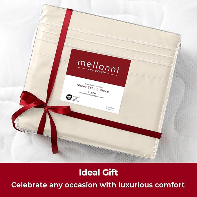 Mellanni Extra Deep California King Sheets - 4 PC Iconic Collection Bedding - Luxury, Ultra Soft, Cooling Bed Sheets - Wrinkle, Fade, Stain Resistant (Cal King, Golden Ivory)