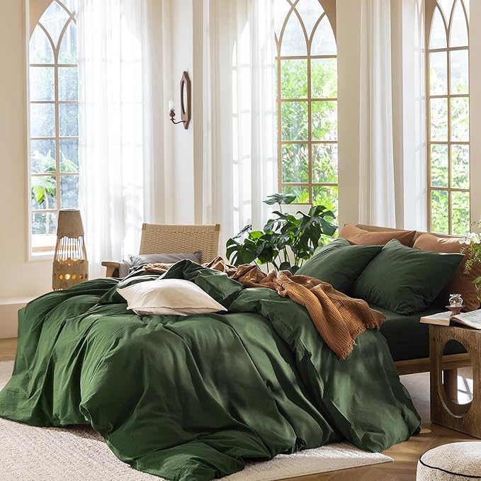 MooMee Bedding Duvet Cover Set 100% Washed Cotton Linen Like Textured Breathable Durable Soft Comfy (Solid Forest Green, Queen 90"x90")