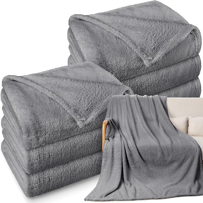 Tinideya 6 Pack Sherpa Fleece Throw Blankets Bulk 50"x 60" Soft Plush Wedding Throw Blankets for Couch Sofa Spa Sleepover Party Favor Supplies Travel Guest Room Home Decor (Gray)