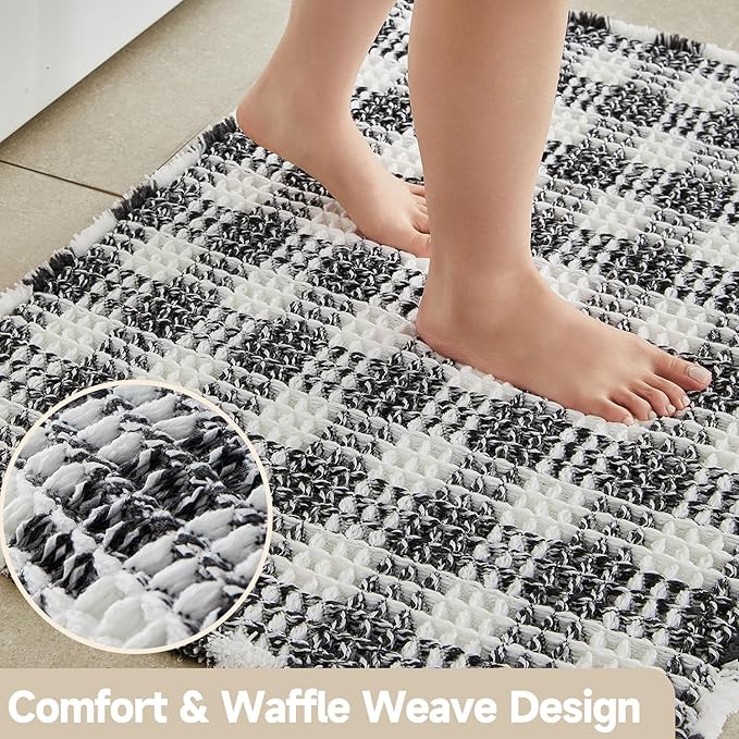 Waffle Bath Mat, Boho Bathroom Rugs Non Slip Washable Absorbent Checkered Bathroom Mat Quick Dry Farmhouse Bathroom Decor, 48"x24" Black and White