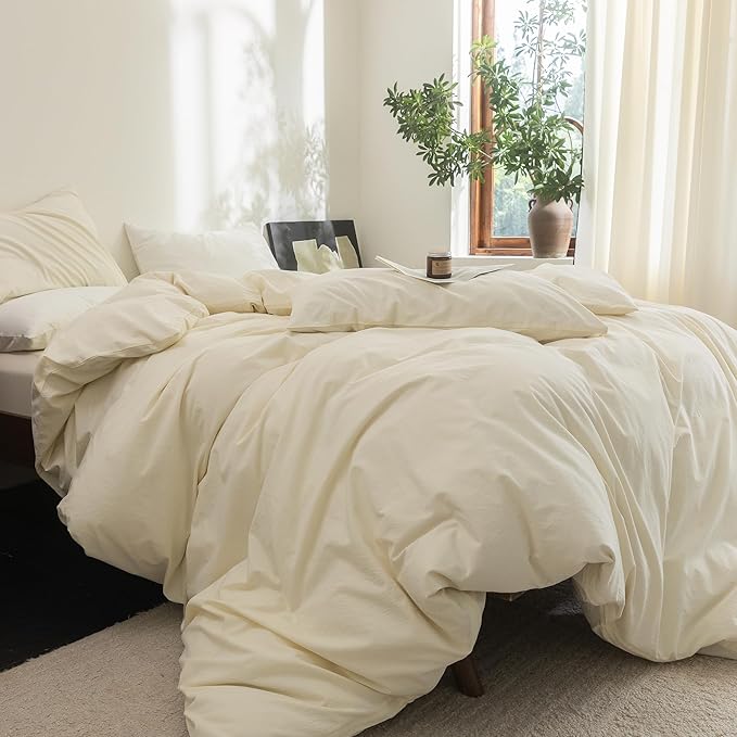 FOSSA Duvet Cover Set 100% Washed Cotton Linen Feel Super Soft Breathable Cozy 3 Pieces Bedding Sets Solid Cream White California King