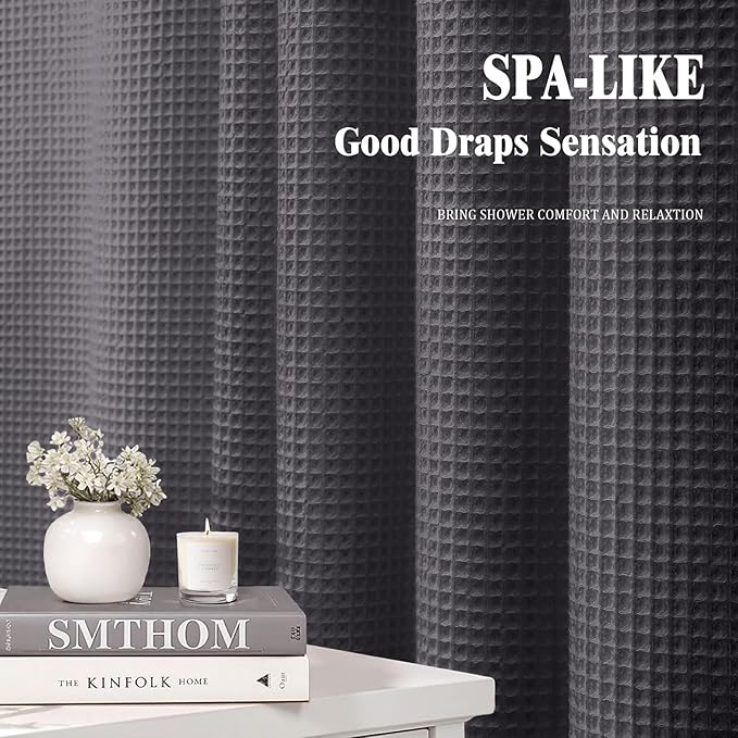 Extra Long Waffle Shower Curtain - Charcoal Gray Cotton Texture Fabric Heavyweight Shower Curtain for Bathroom,72Wx84L