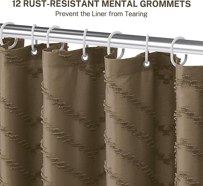 Extra Long Boho Shower Curtain, Woven Fabric 84 in Khaki, 72 x 84, Tufted Chevron Striped Modern Chic Textured Minimalist Bathroom Shower Curtain