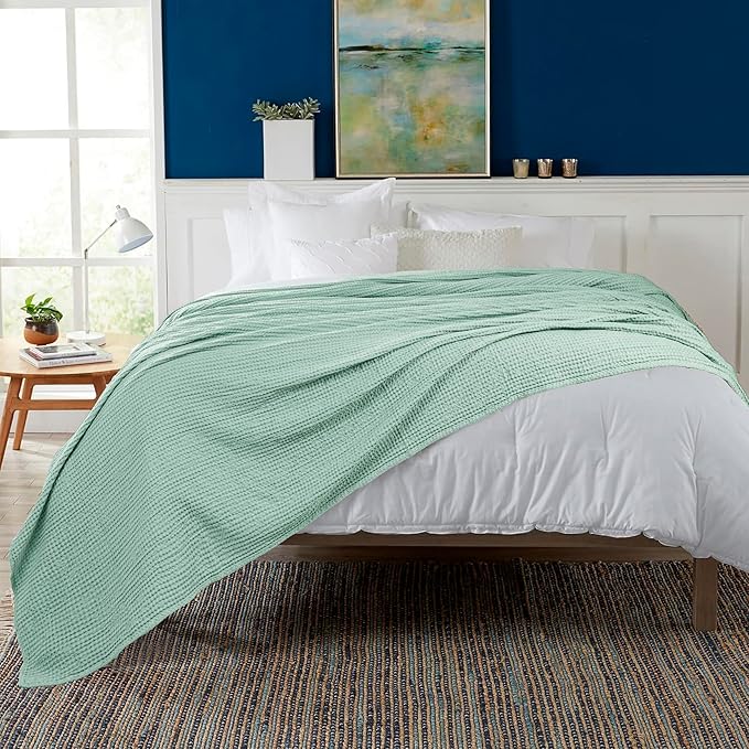HILLFAIR 100% Combed Cotton Blanket– Twin Size Bed Warm Soft All Season Breathable Lightweight Summer Blankets– Waffle Weave Home Decor Bed Blanket- Sage Twin Cotton Blankets/Bedcovers