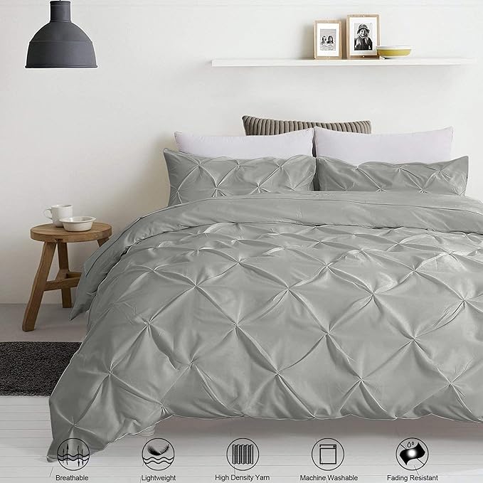 Pinch Pleated Duvet Cover Set 100% Brushed Microfiber 3PC Super King Plus Size 120x120 Duvet Cover Set, Decorative Pinch Design Silver Grey Duvet Cover with Matching Pillow Case