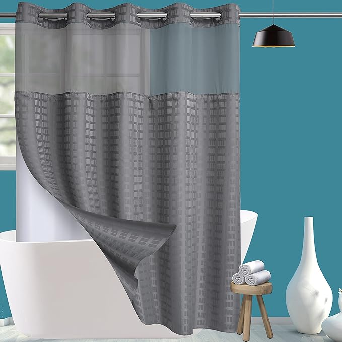Conbo Mio Extra Long No Hook Shower Curtain with Snap in Liner Set, Hotel Luxury Grey Shower Curtains for Bathroom with See Through Top Window, Waterproof, Washable 71W x 84H